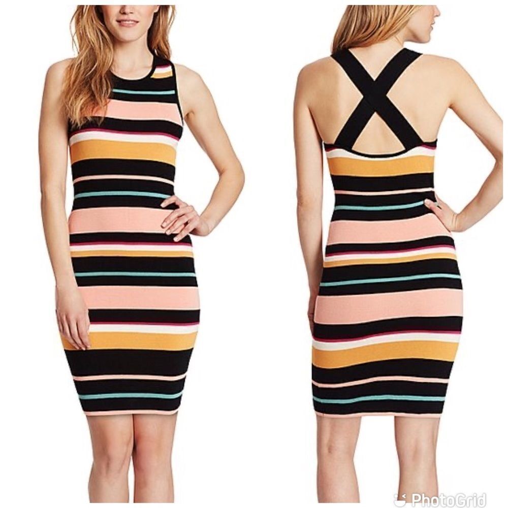 ELLA MOSS‎ Striped Bodycon Tank Dress Ribbed Sleeveless Black Pink Small New